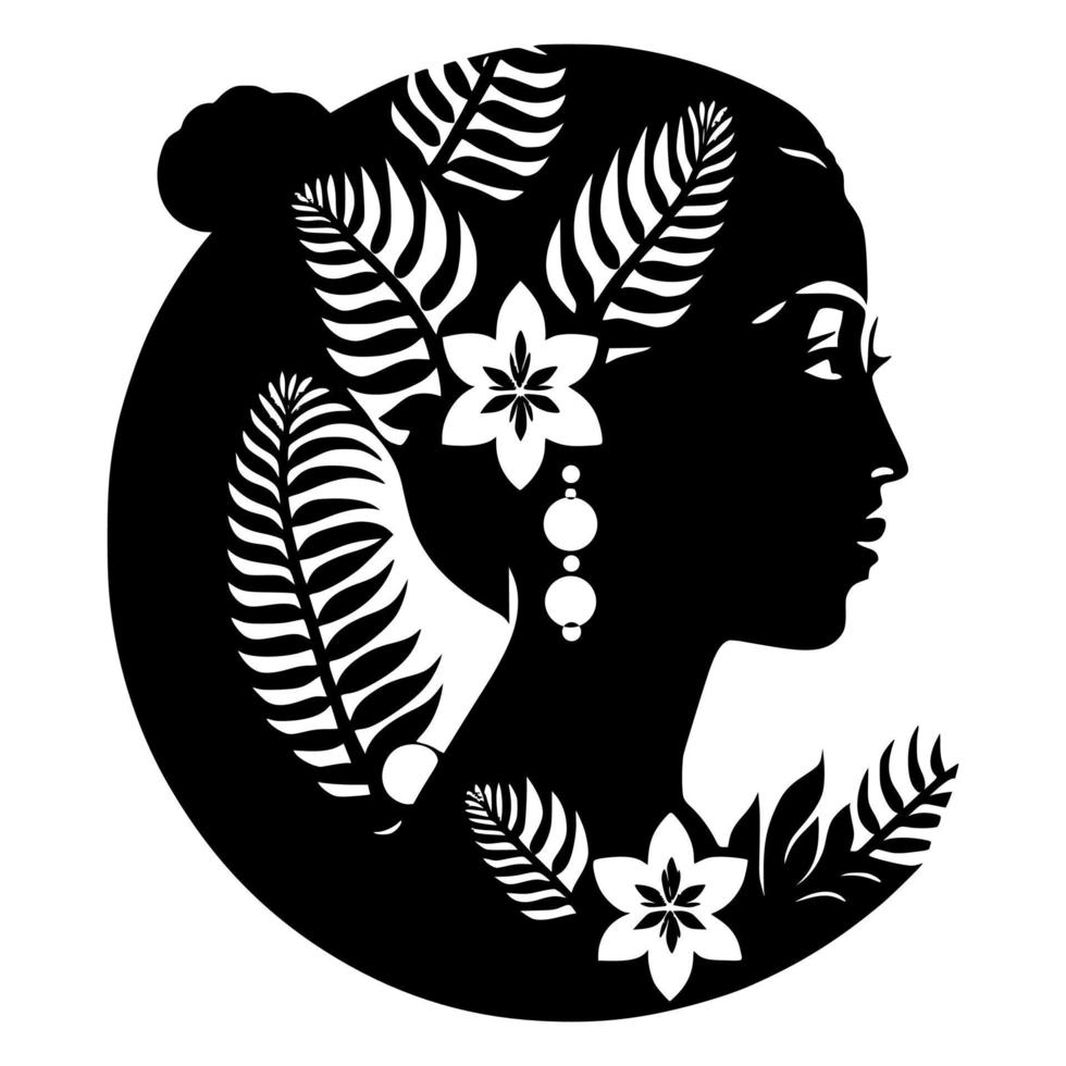 silueta de una hermosa chica tribal con flores en el pelo. diseño para bordado, tatuaje, camiseta, mascota, logo. vector