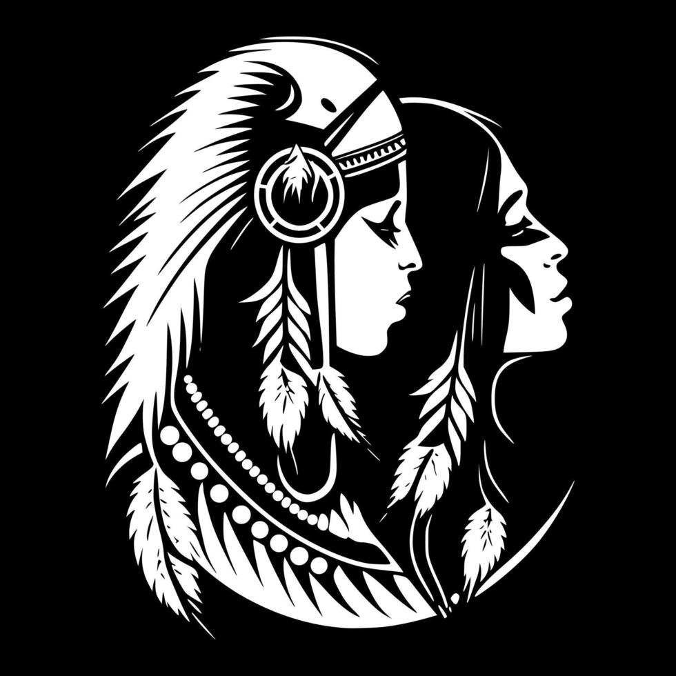 Silhouette of beautiful Indian girls in a war bonnet. Design for embroidery, tattoo, t-shirt, emblem, wood carving, cutting. vector