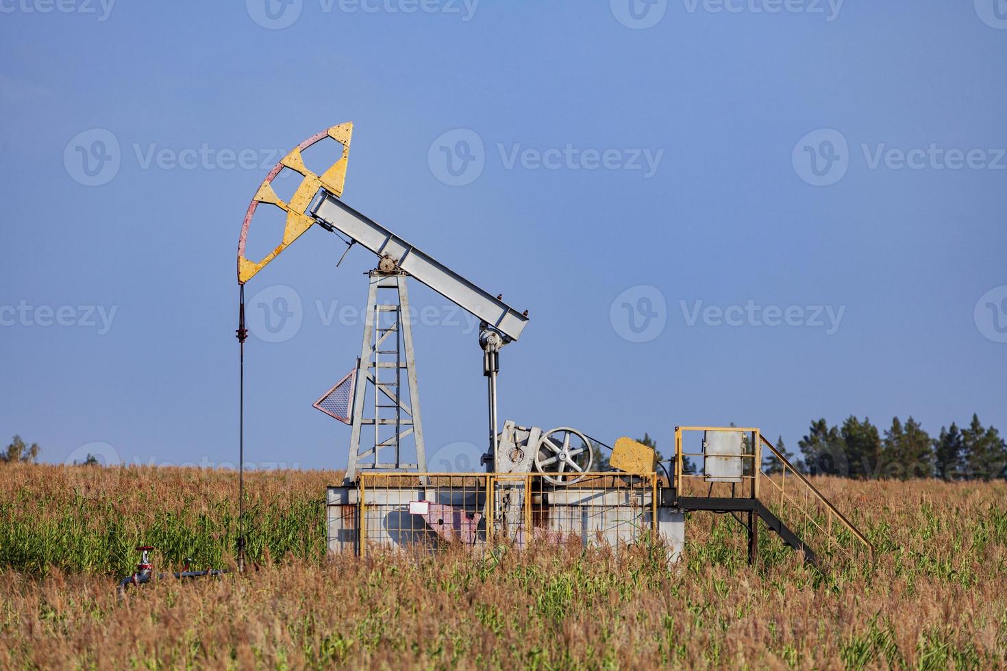 The old oil pump in a field under blue sky photo