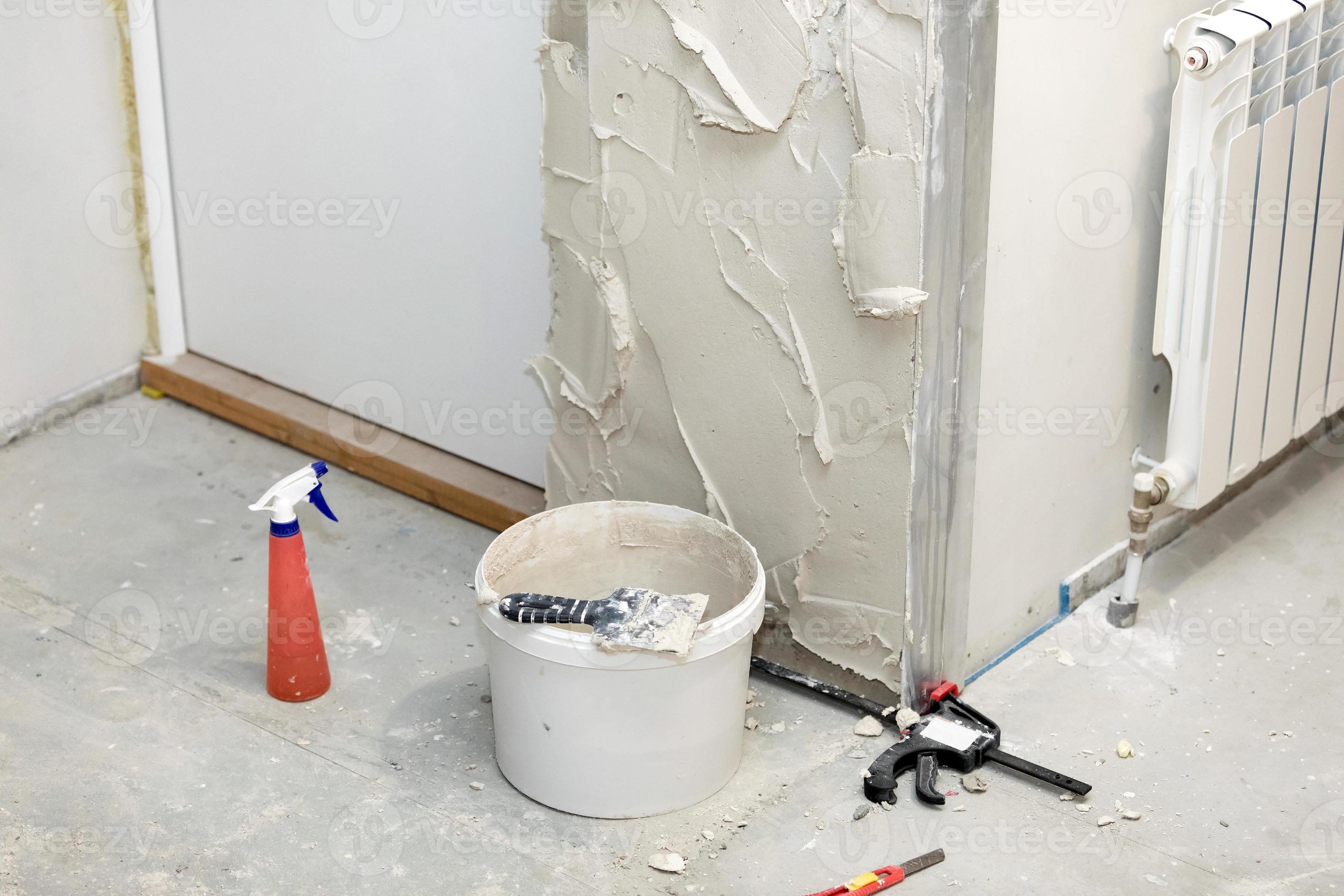 Wall with fresh plaster on it. Home apartment renovation process