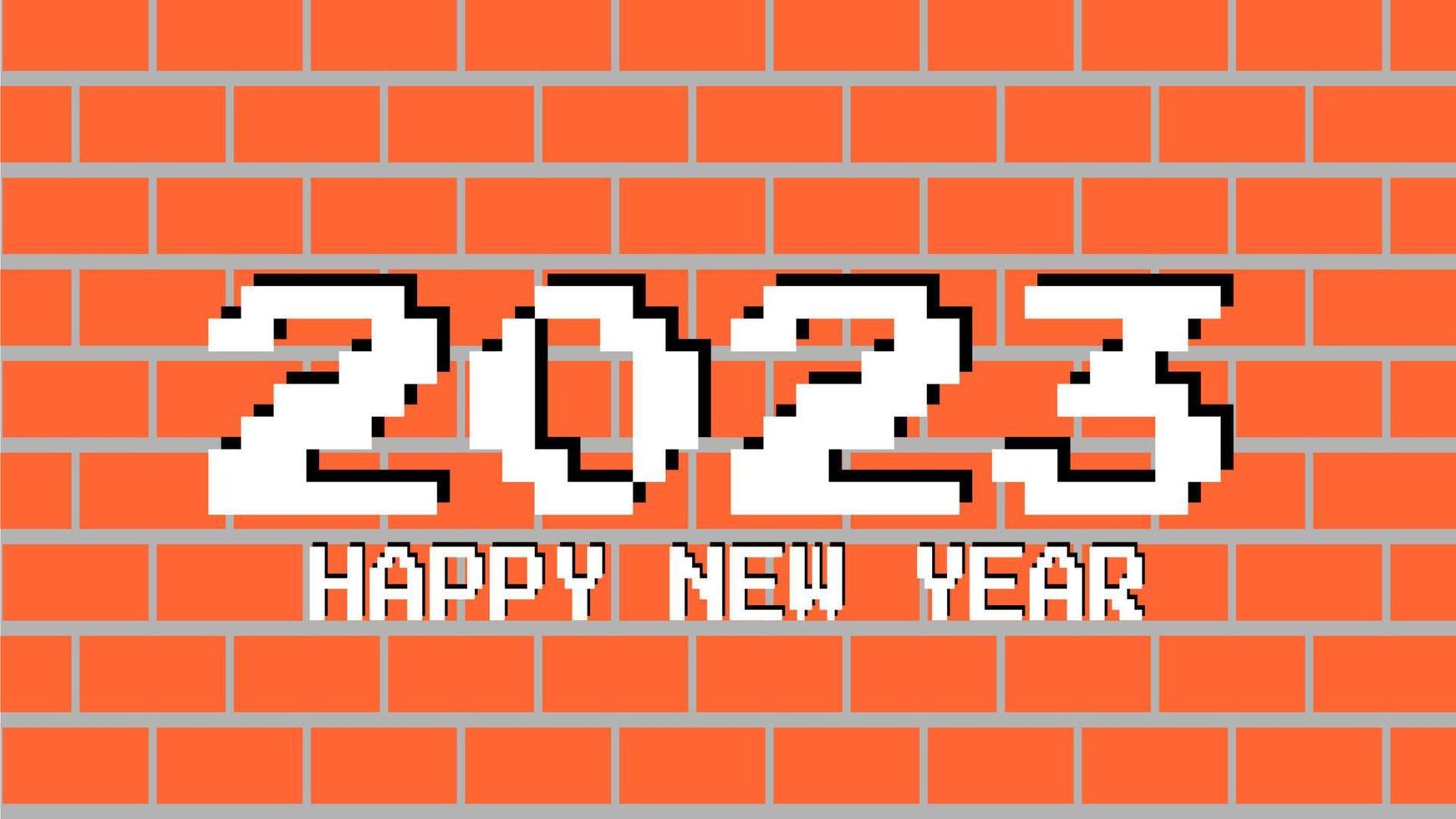 feliz año nuevo 2023 tipografía de texto blanco con vector de fondo de ladrillo