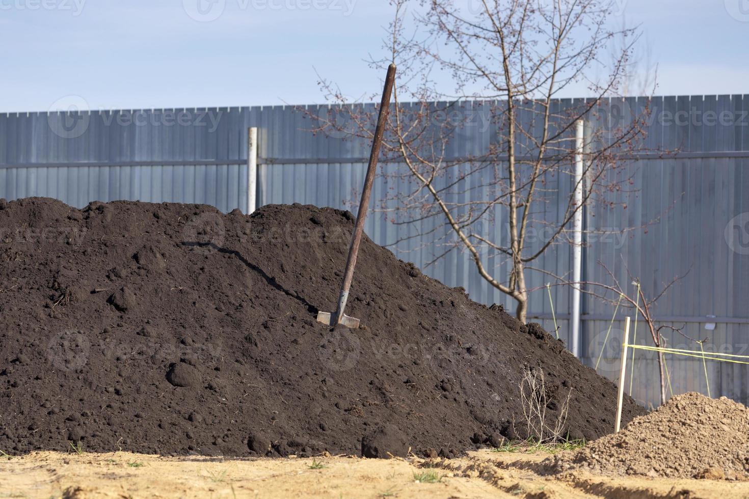 Heap of black soil and a spade in a garden photo
