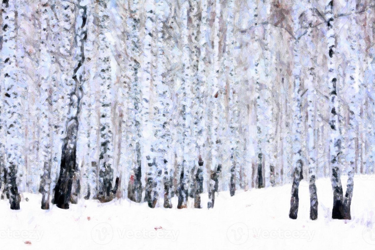 Birch forest in winter, oil paint stylization photo