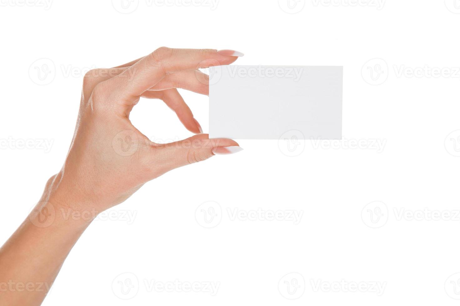 woman hand holding an empty card, white background photo