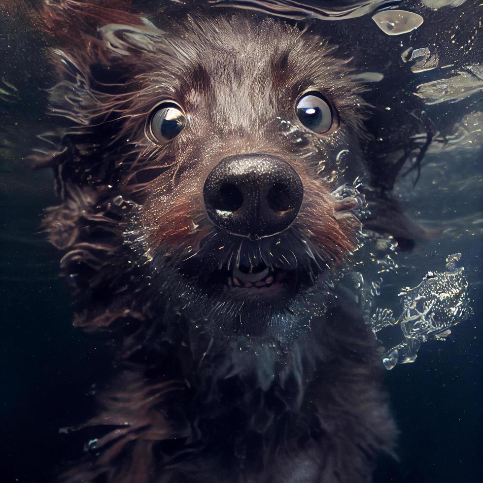 Closeup wide angle underwater photo upshot of a dark brown smalldog underwater