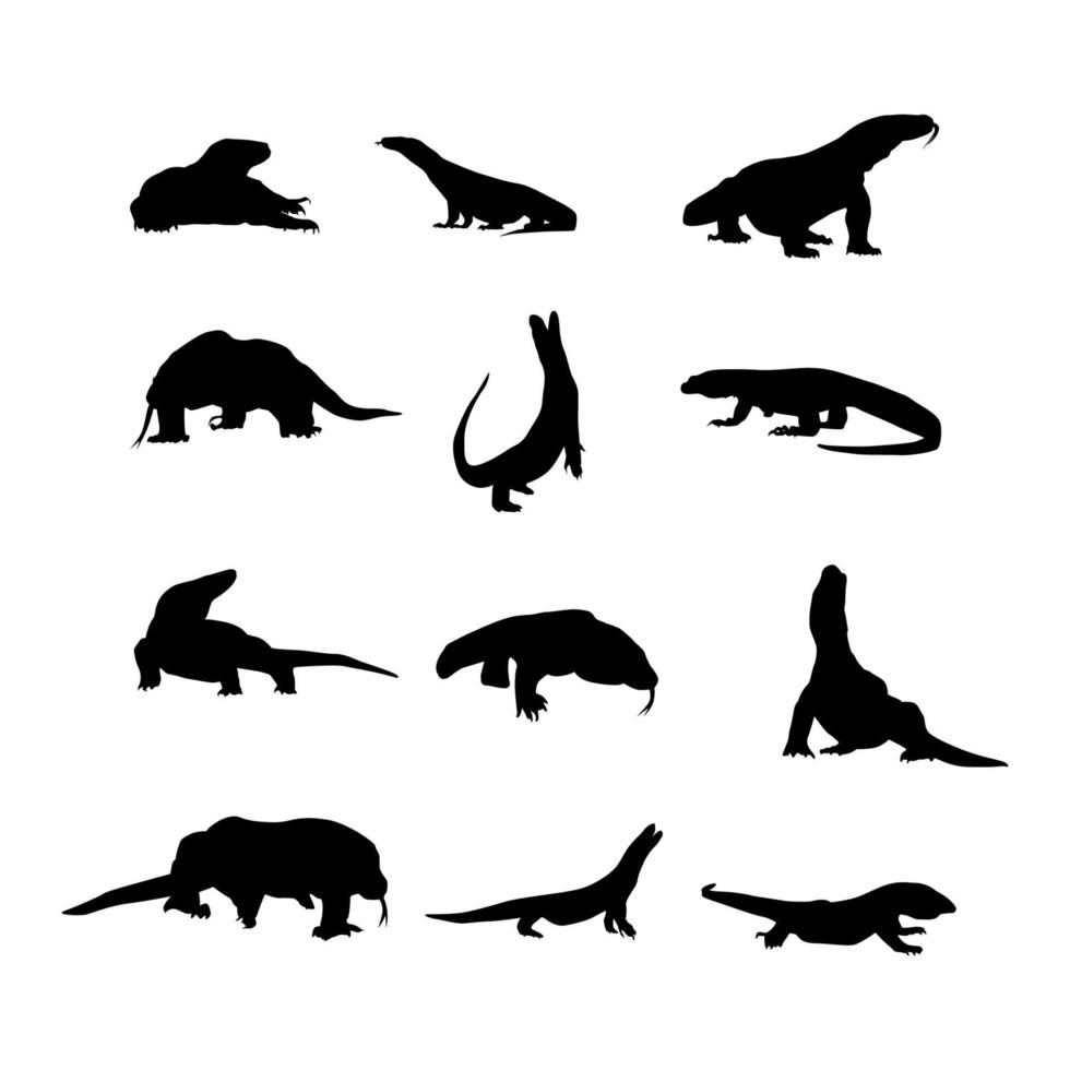 a collection of vector silhouettes of Komodo dragons in various styles