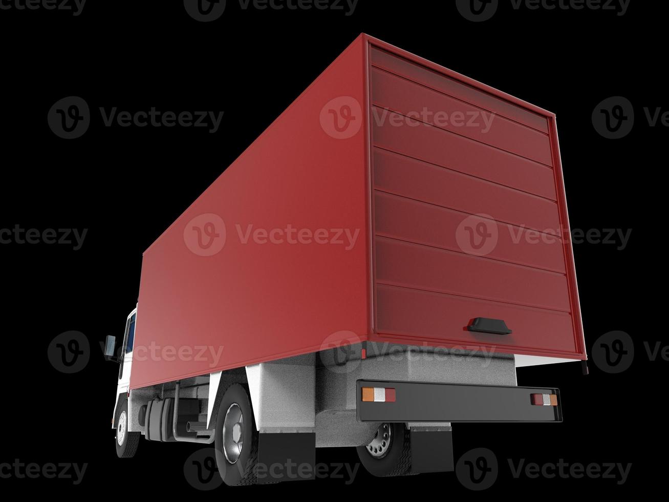 Rear view 3D illustration of an empty light commercial truck with back doors open isolated on white background photo