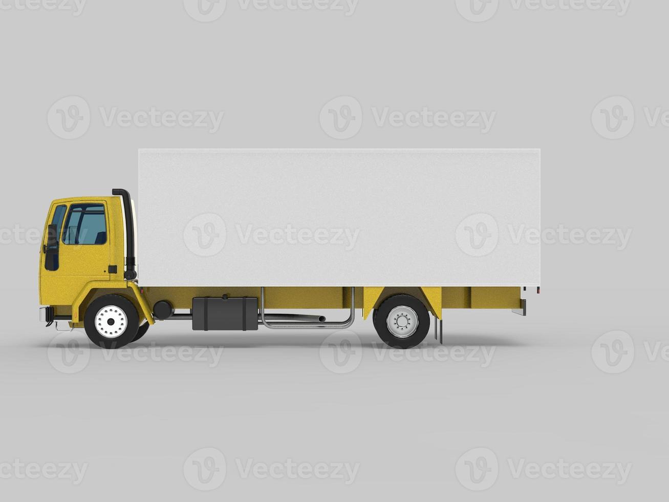 Rear view 3D illustration of an empty light commercial truck with back doors open isolated on white background photo