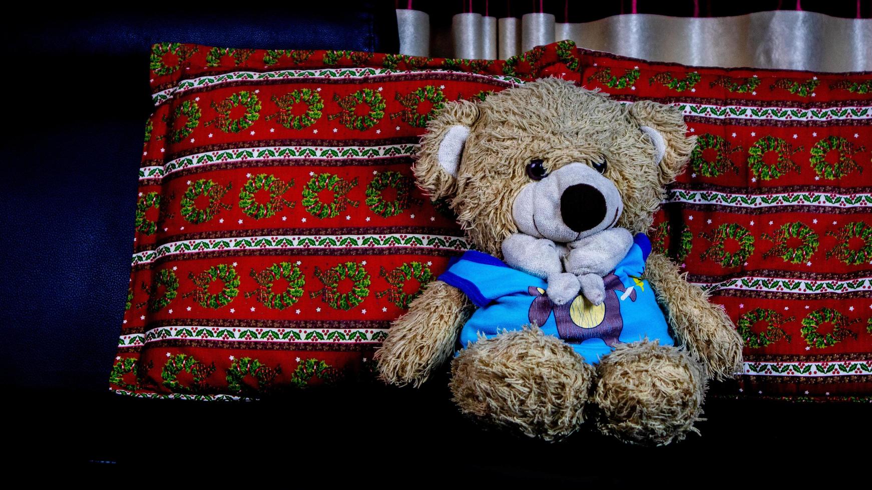 teddy bear in a blue t-shirt on a black sofa photo