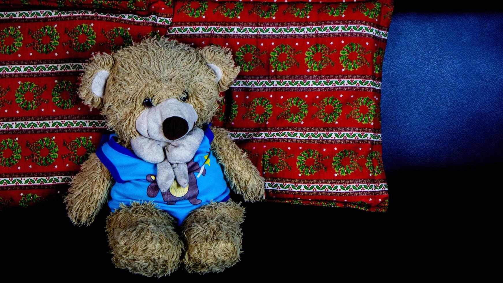 teddy bear in a blue t-shirt on a black sofa photo