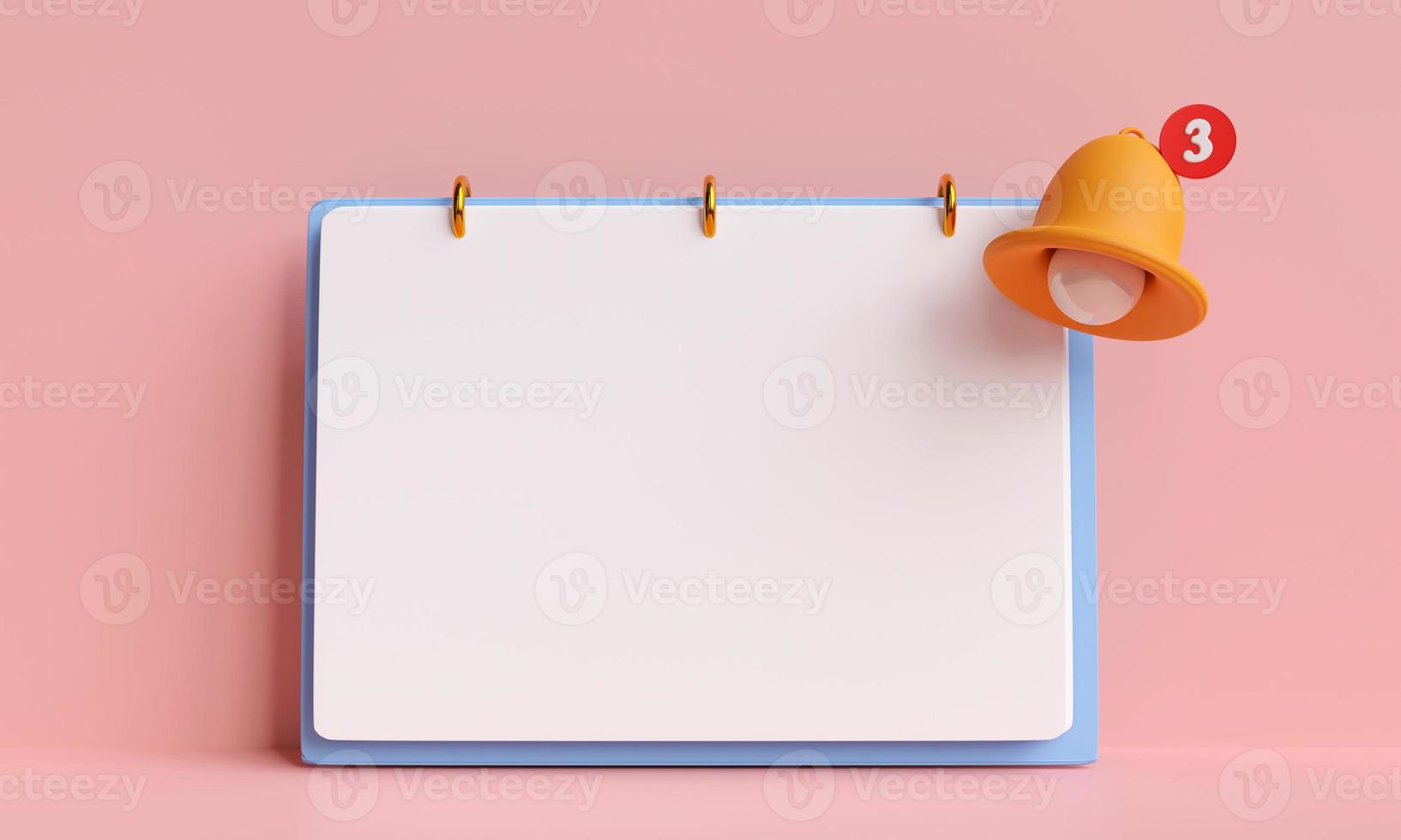 Blank white paper with notification bell. with copy and business design, appointments, reminders, planning, agenda, meetings, seminars. 3D render illustration. photo