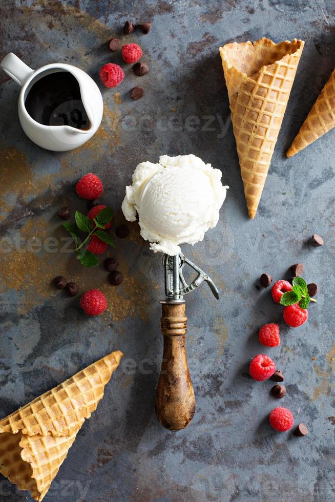 Vanilla ice cream scoop in a spoon photo