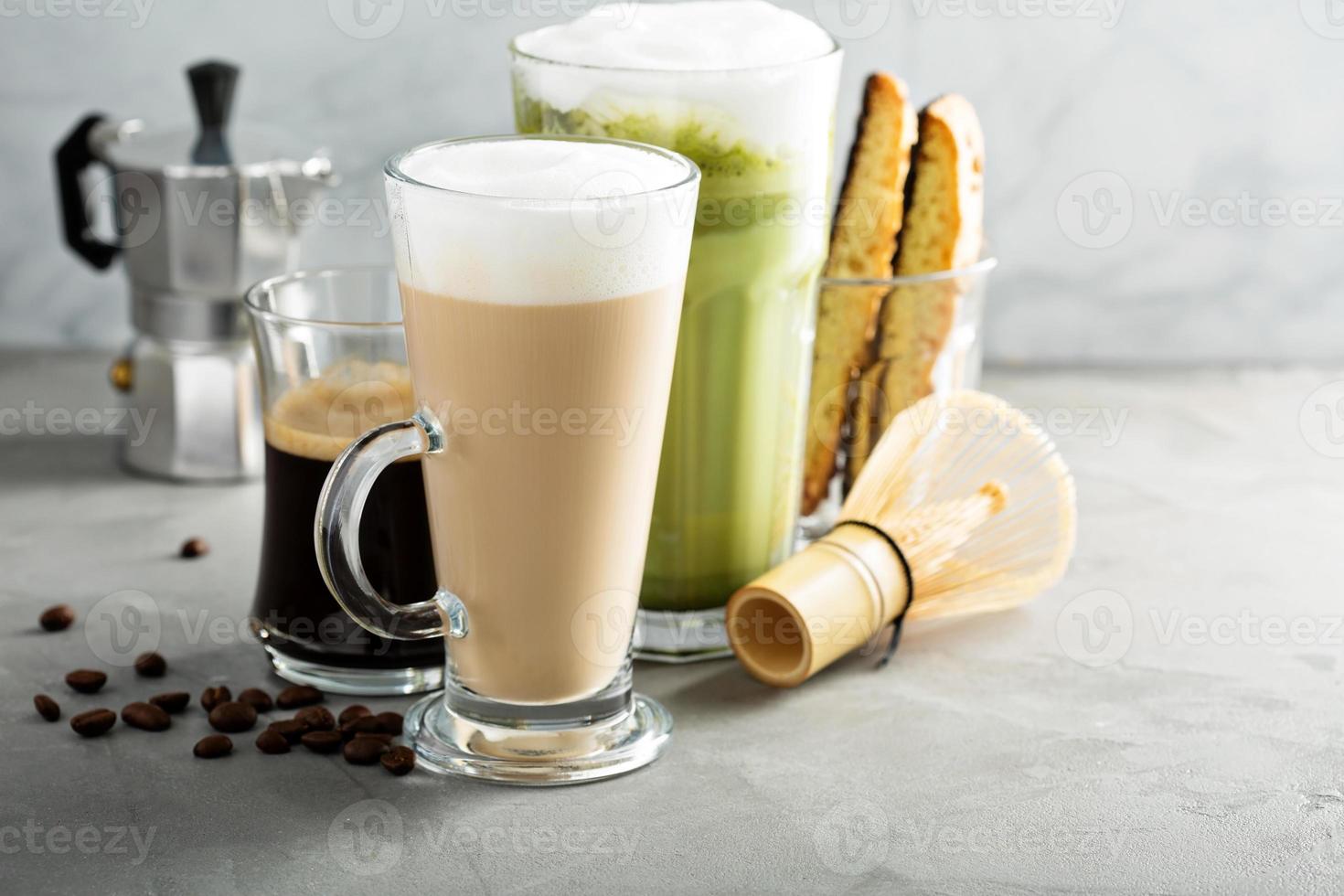 Espresso, regular coffee and matcha latte photo