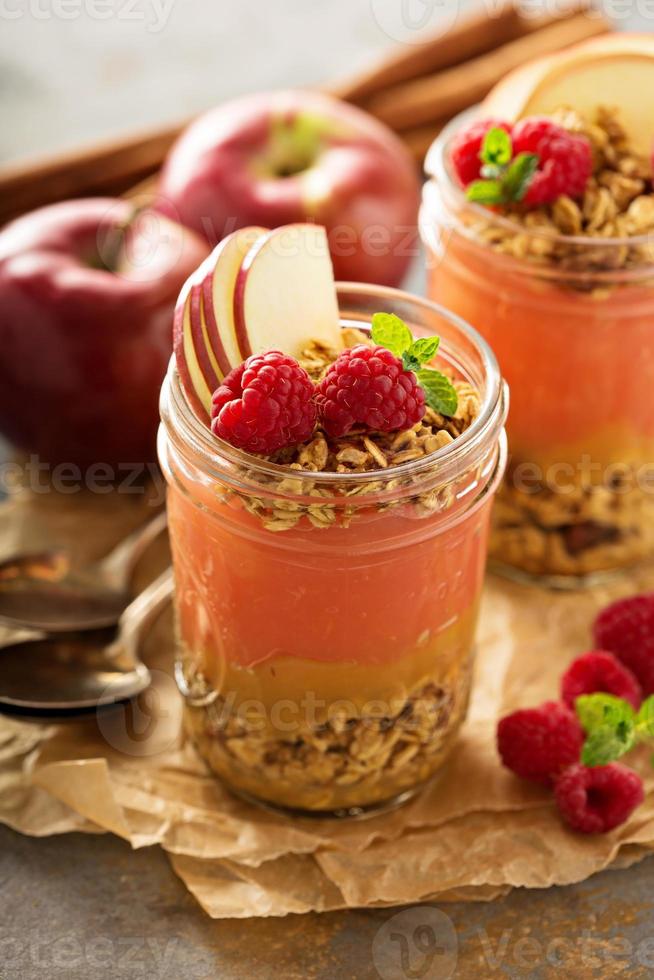 Applesauce and raspberry puree parfait with granola photo