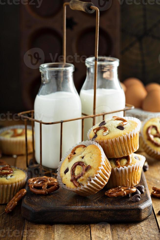 Chocolate chip and pretzel muffins photo