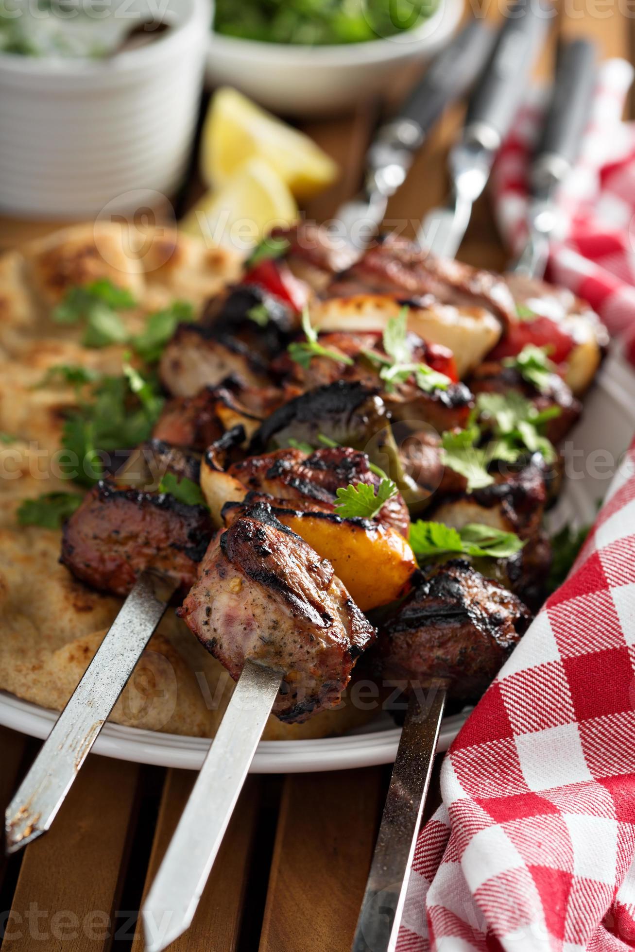 Lamb kebabs with flatbread and tzatziki sauce 15749760 Stock Photo at