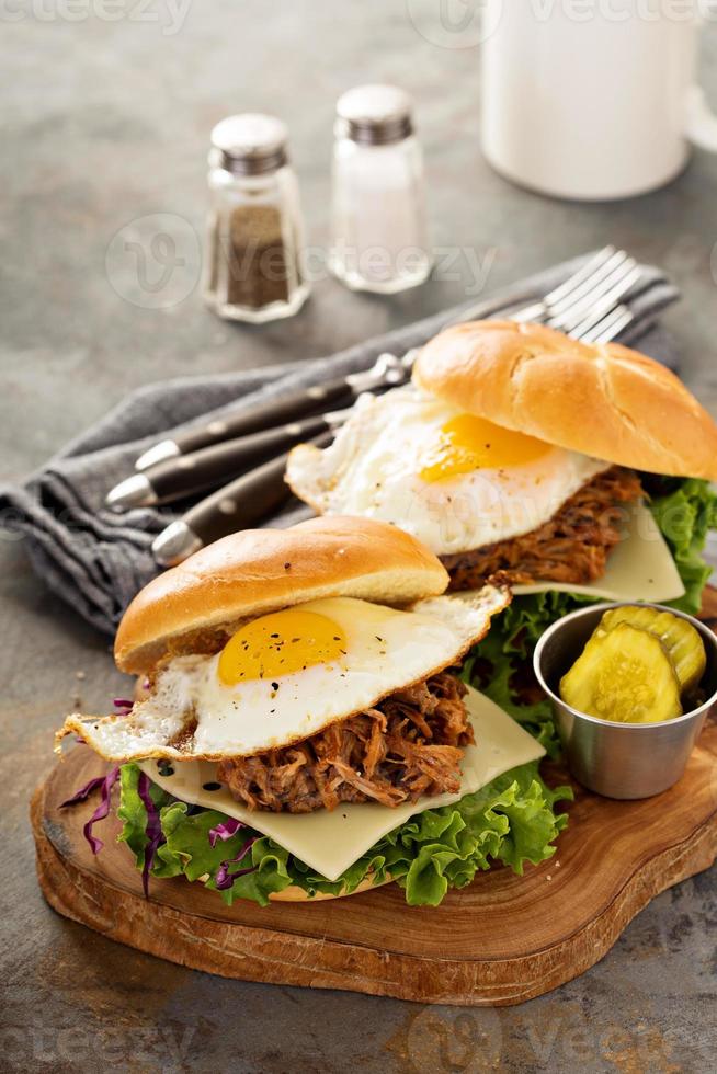 Pulled pork breakfast sandwiches with fried egg photo