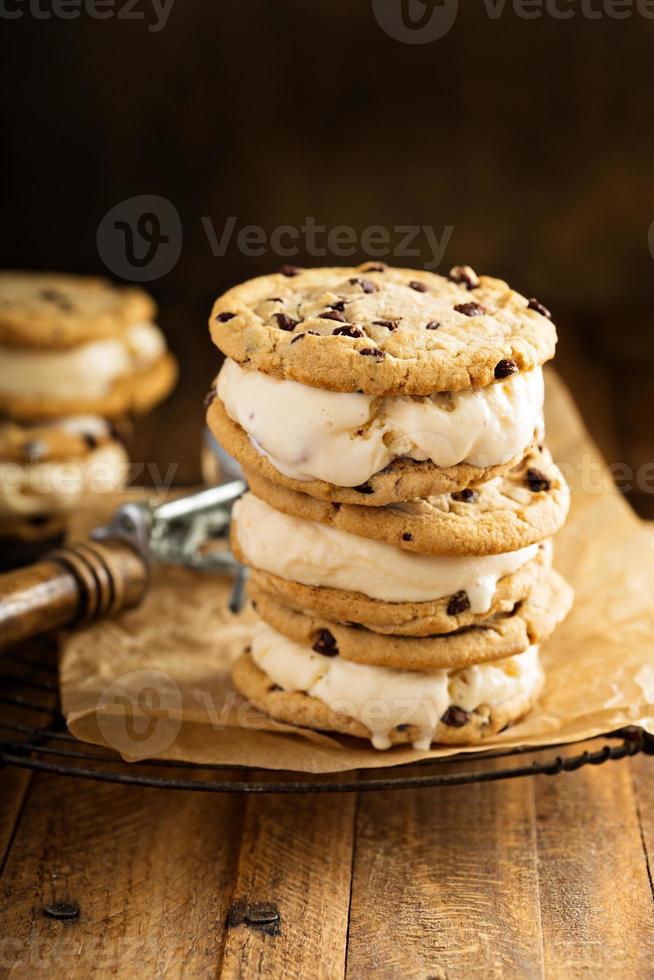 Ice cream sandwiches with chocolate chip cookies photo