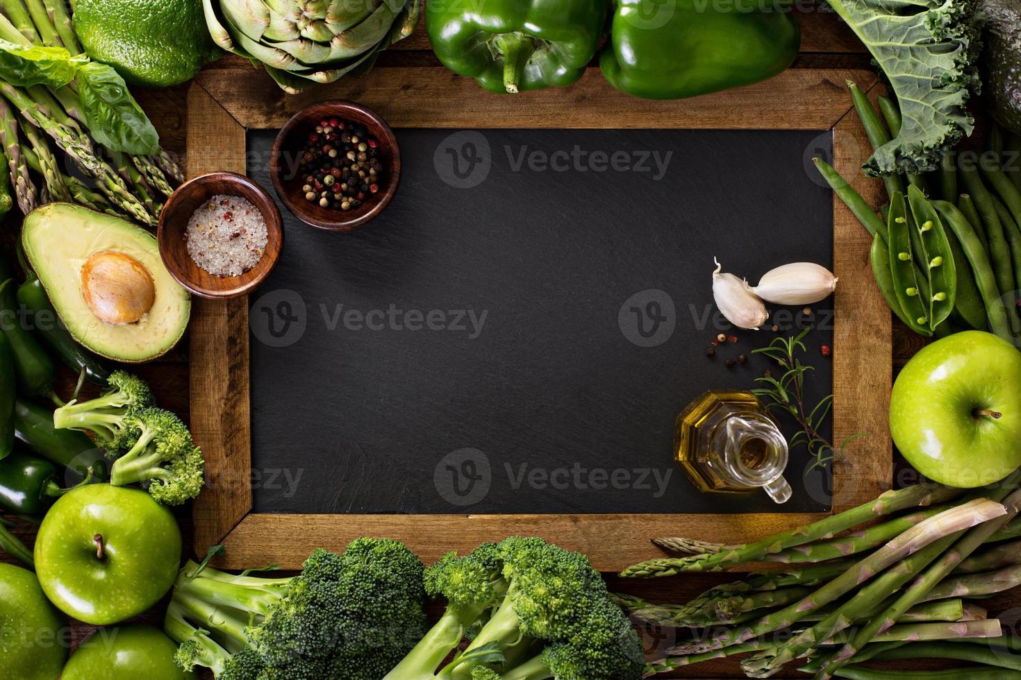 Variety of green vegetables and fruits photo