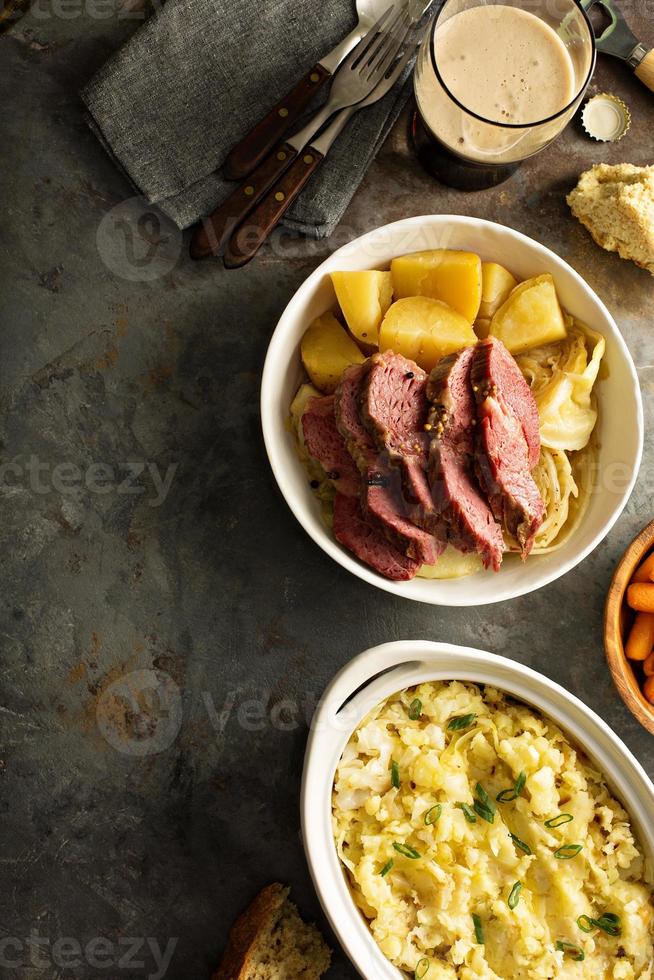 Traditional Irish dinner with corned beef and colcannon photo