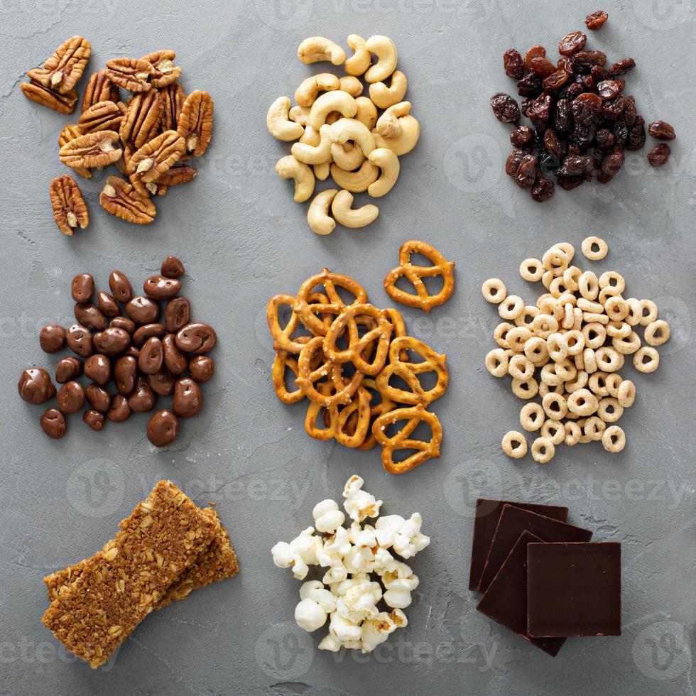 Variety of healthy snacks overhead shot photo