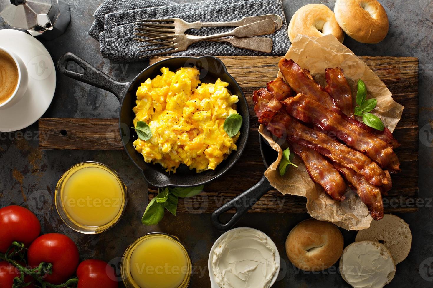 Big breakfast with bacon and scrambled eggs photo
