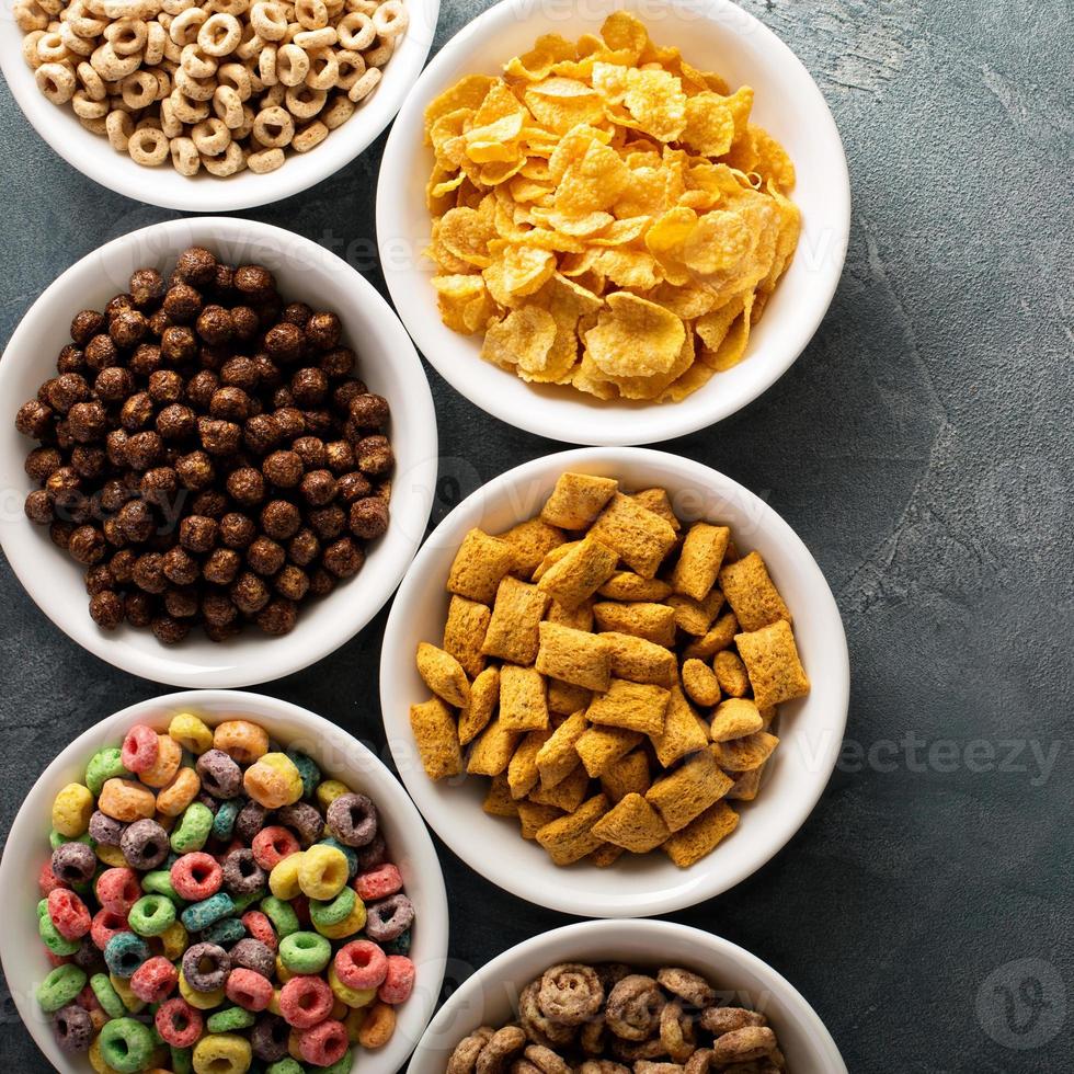 Variety of cold cereals in white bowls photo