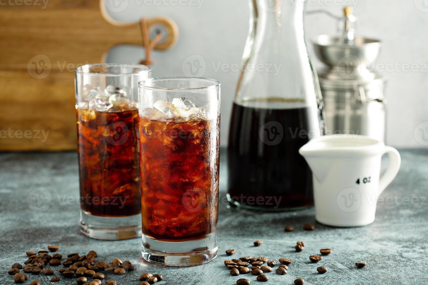 Cold brew iced coffee in tall glasses photo