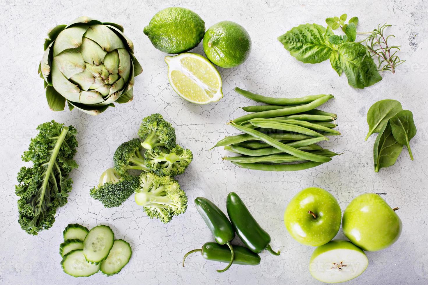 Variety of green vegetables and fruits photo