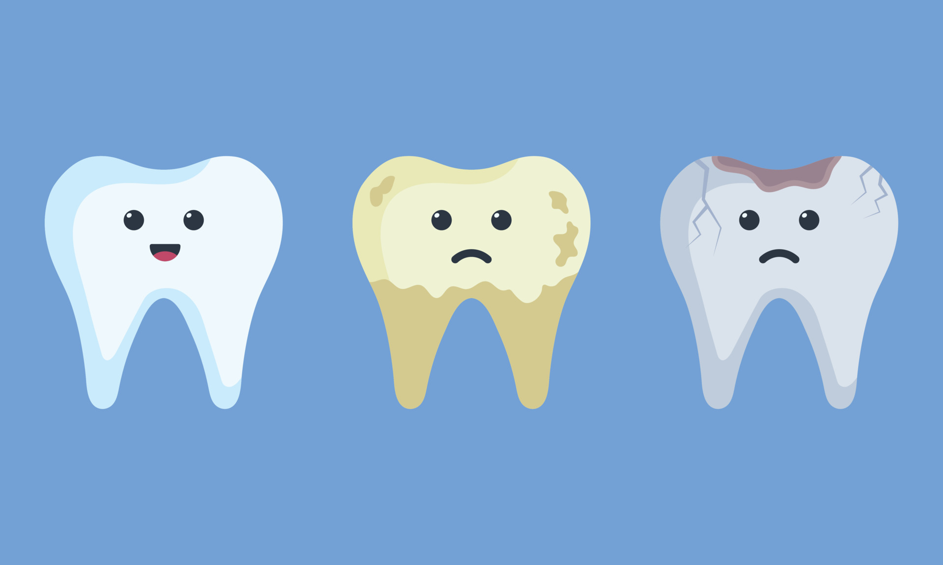 Cute cartoon healthy white happy teeth and yellow spoiled sad tooth