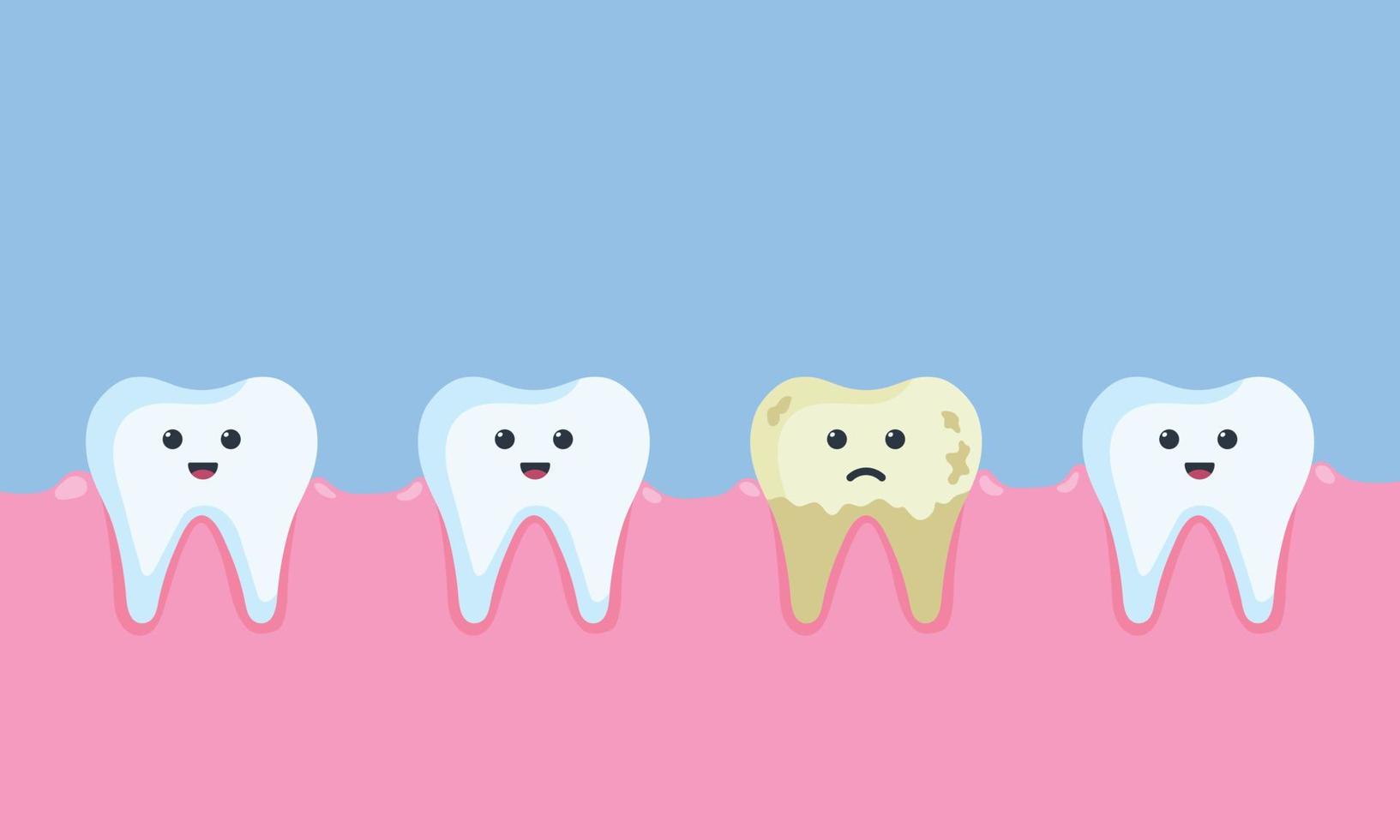 dientes blancos sanos y diente triste amarillo estropeado. niños odontología carácter triste. expresión facial kawaii. vector