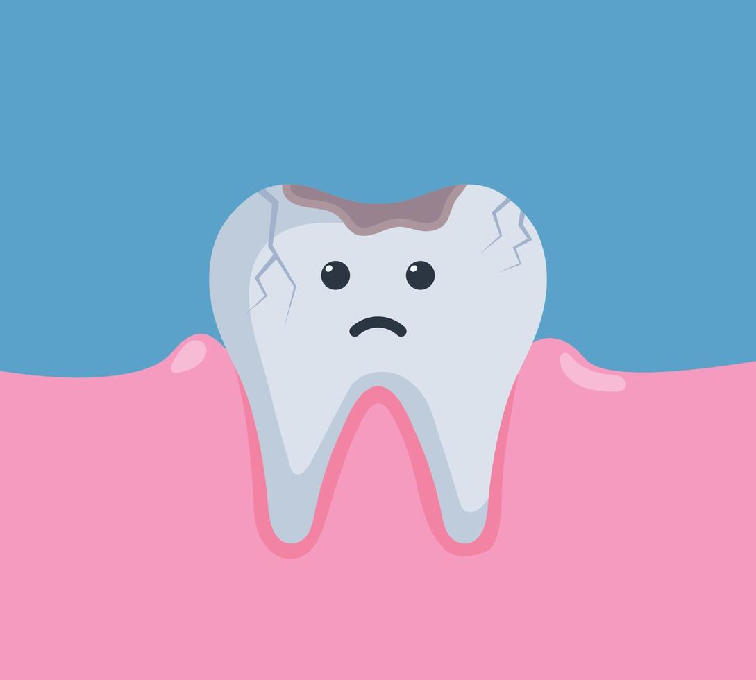 triste, doloroso, dañado, oscurecido, diente, con, agujero, caries, caries, cavidad. Ilustración de vector de concepto de personaje de dibujos animados de dolor de muelas. lindo personaje de dientes de caries.