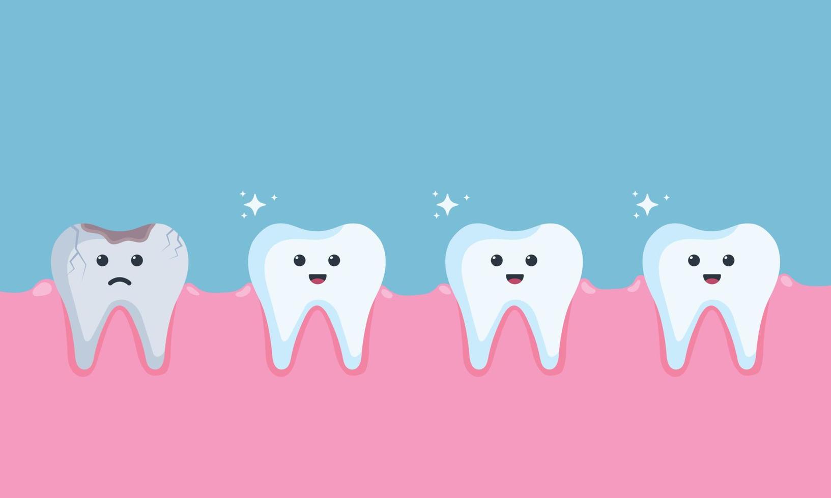 dientes blancos sanos y dientes oscurecidos dañados con agujero. niños odontología carácter triste. Ilustración de vector de concepto de elementos infográficos dentales