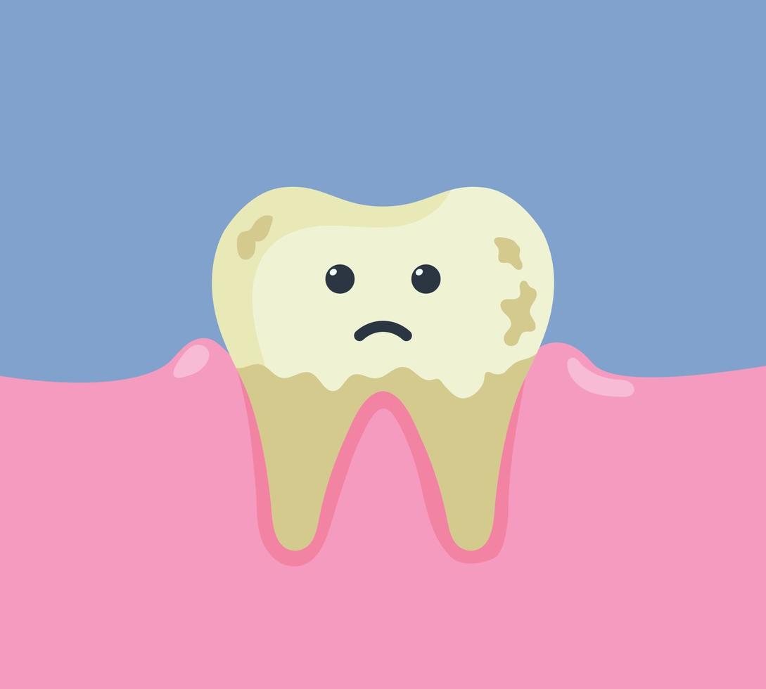 diente poco saludable. ilustración de diente enfermo con raíces podridas. niños odontología carácter triste. expresión facial kawaii. vector