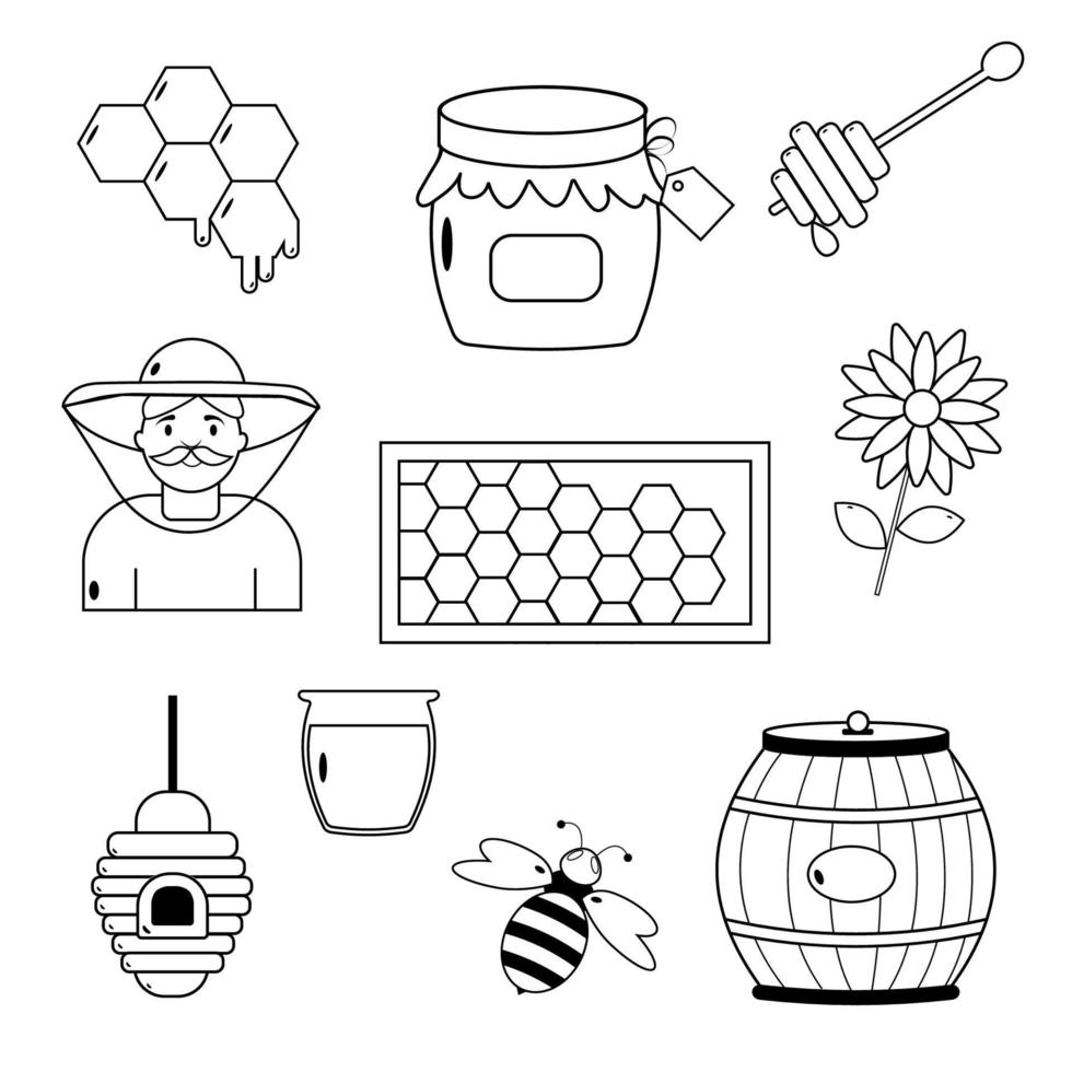 Set of elements outline of honey. Honeycomb, bee, honey vector