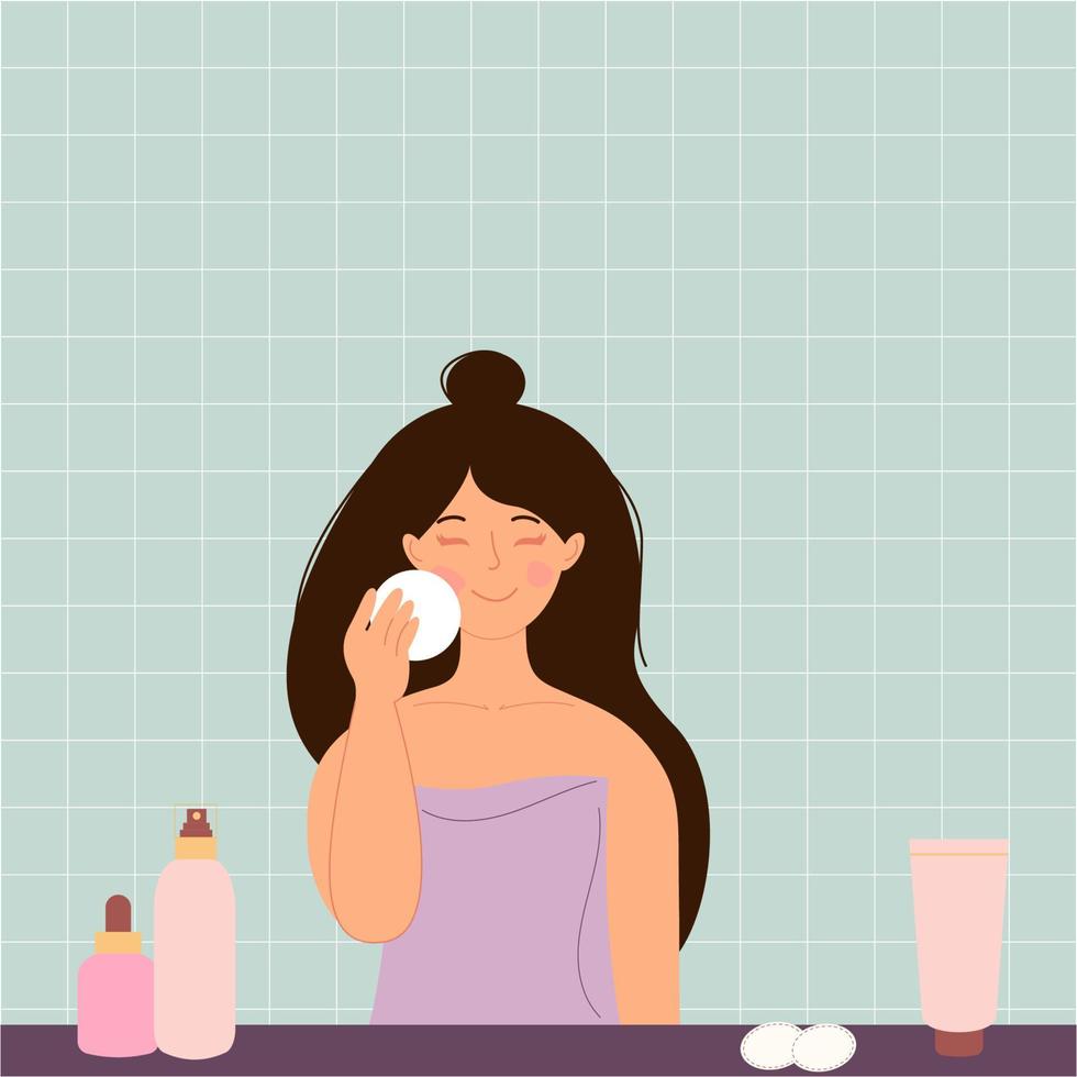 A brunette woman is washing her face with cosmetics in the bathroom. vector