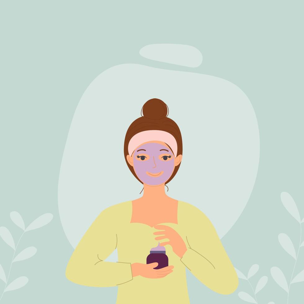 A woman has a mask or cream on her face. Vector