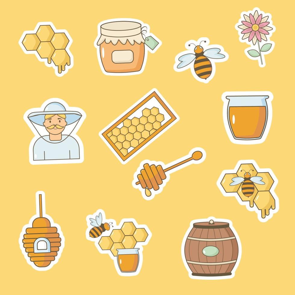 colección de pegatinas cariño. abeja, tarro de miel, colmena, panal. vector