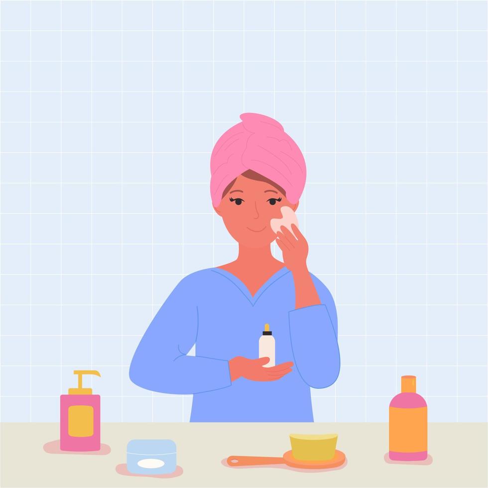 A woman in a bath applies a serum and does a massage. vector