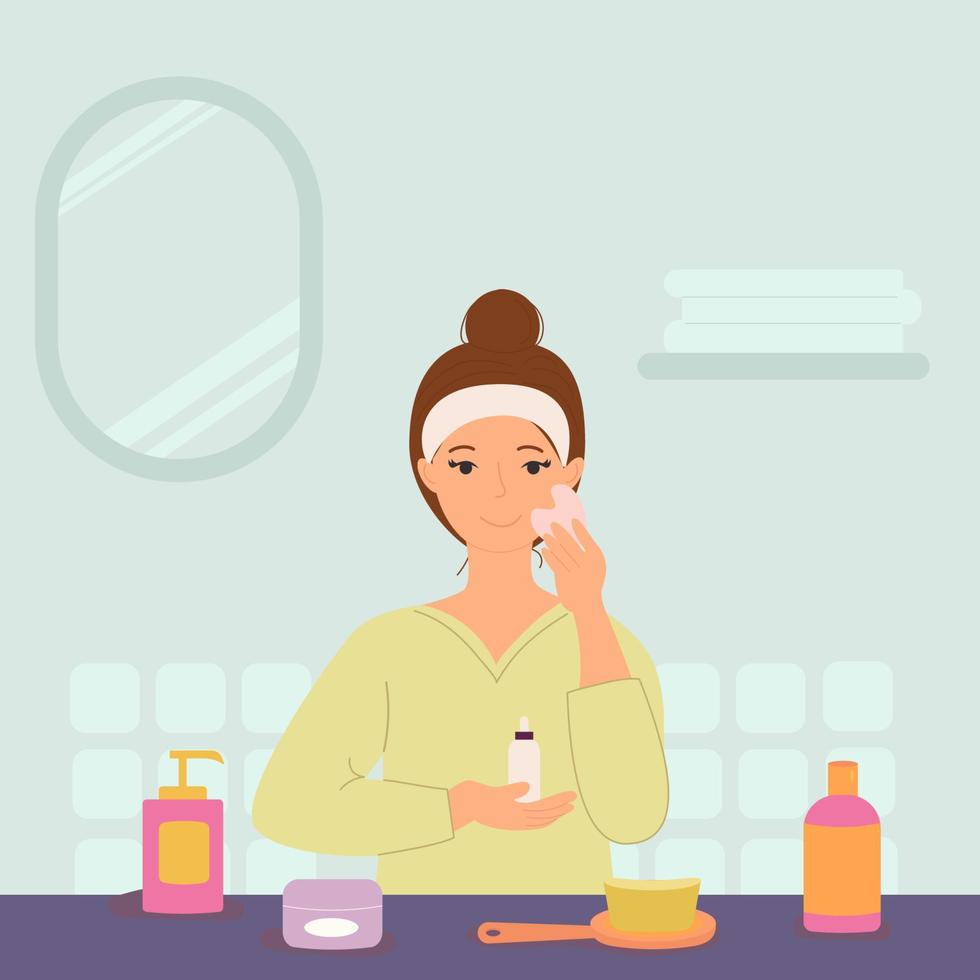 Woman in bath applying serum vector