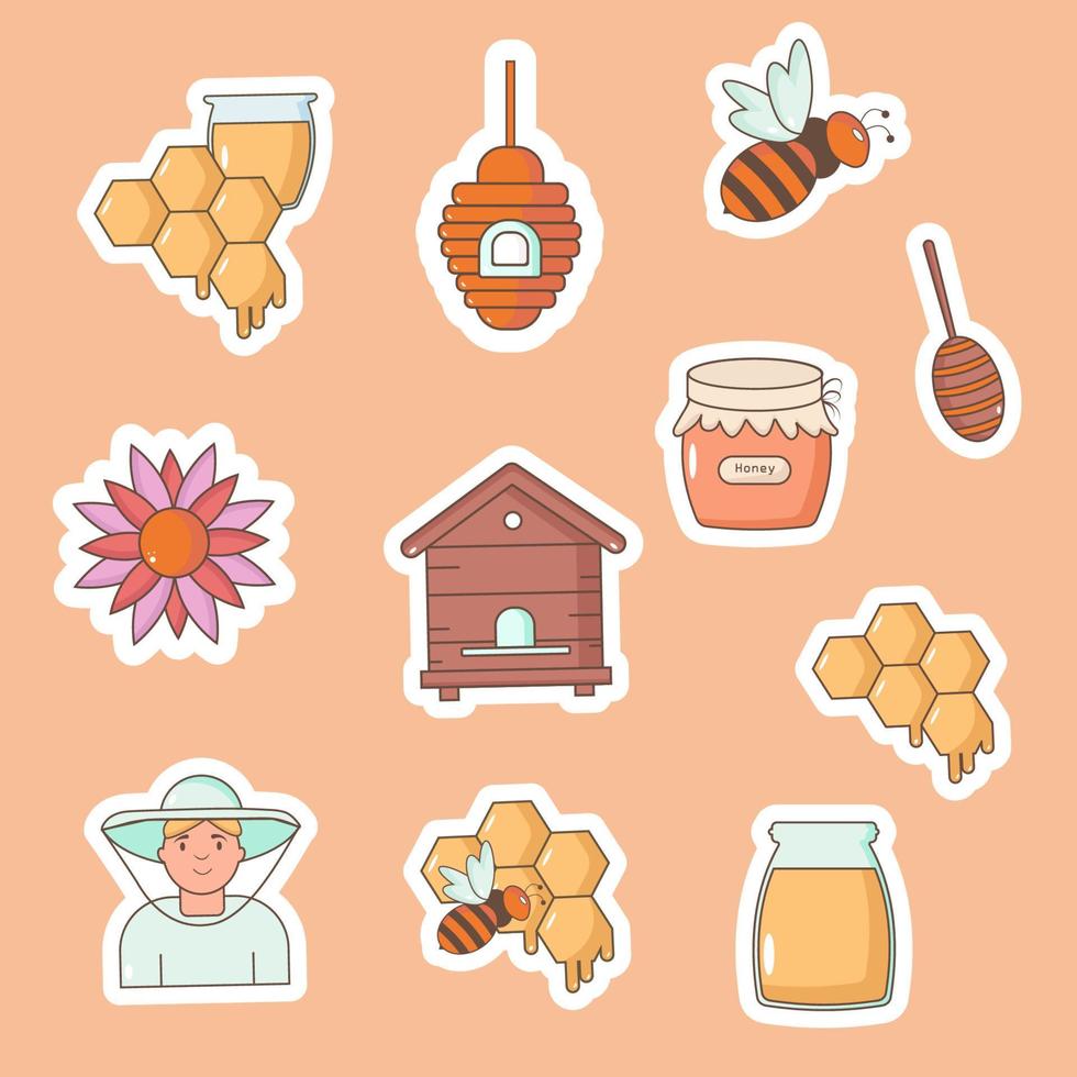 Collection of stickers honey. Bee, hive, honeycomb. vector