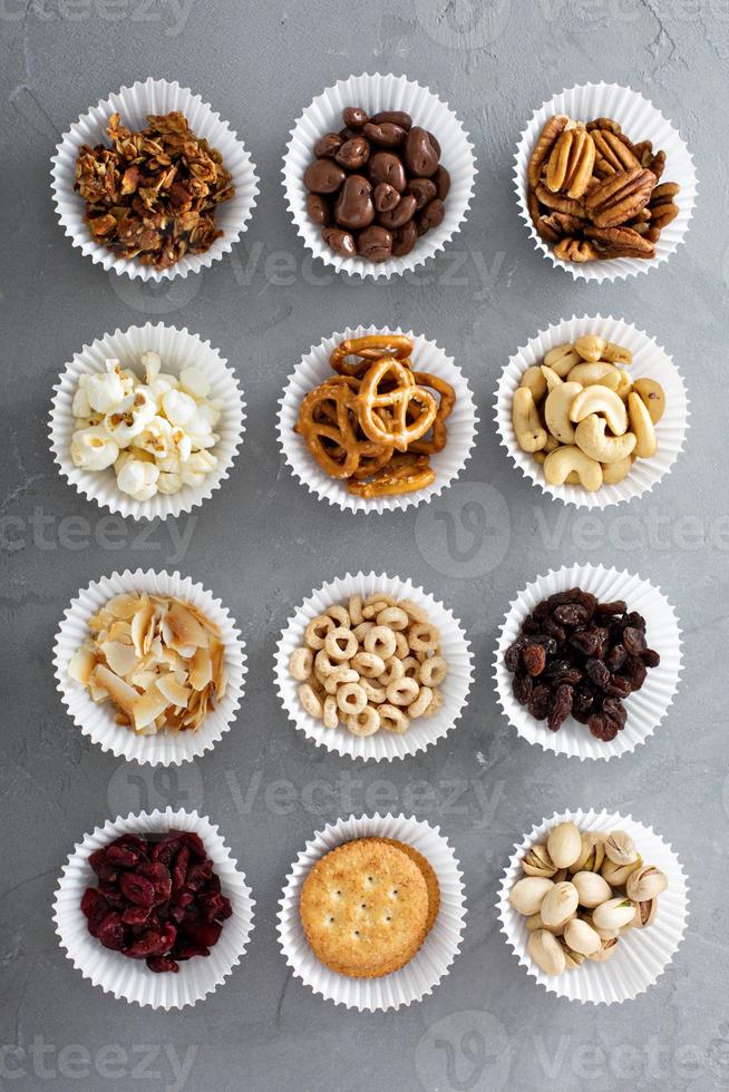 Variety of healthy snacks overhead shot photo