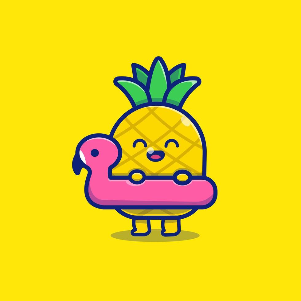Cute Pineapple With Swimming Flamingo Cartoon Vector Icon Illustration. Summer Fruits Icon Concept Isolated Premium Vector. Flat Cartoon Style