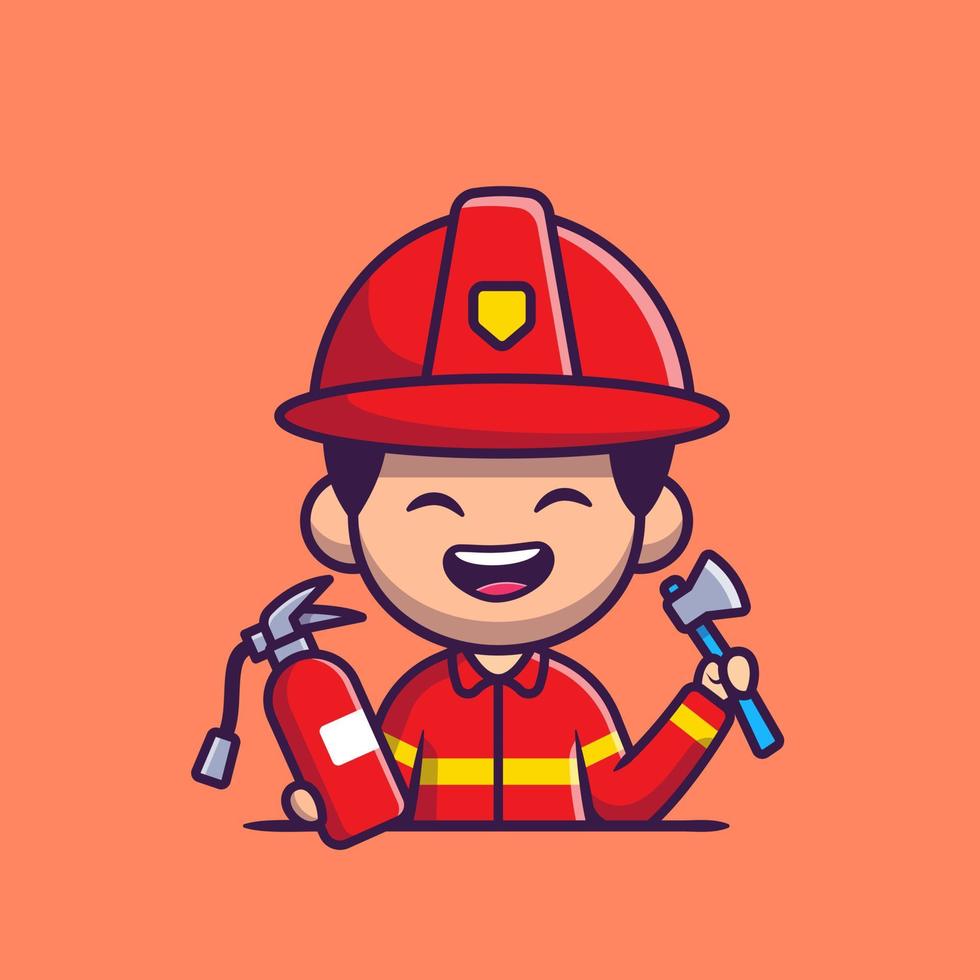 Firefighter With Harchet Axe And Fire Extinguisher Cartoon Vector Icon Illustration. People Profession Icon Concept Isolated Premium Vector. Flat Cartoon Style