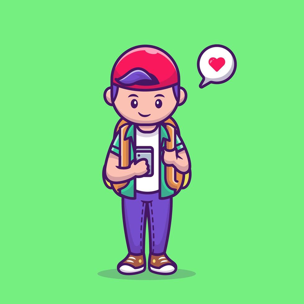 chico lindo con ilustración de icono de vector de dibujos animados de teléfono móvil. concepto de icono de tecnología de personas vector premium aislado. estilo de dibujos animados plana