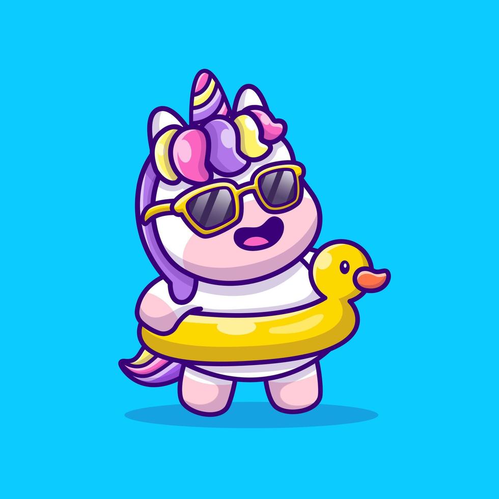 Cute Unicorn Summer With Swimming Duck Cartoon Vector Icon Illustration. Animal Icon Concept Isolated Premium Vector. Flat Cartoon Style