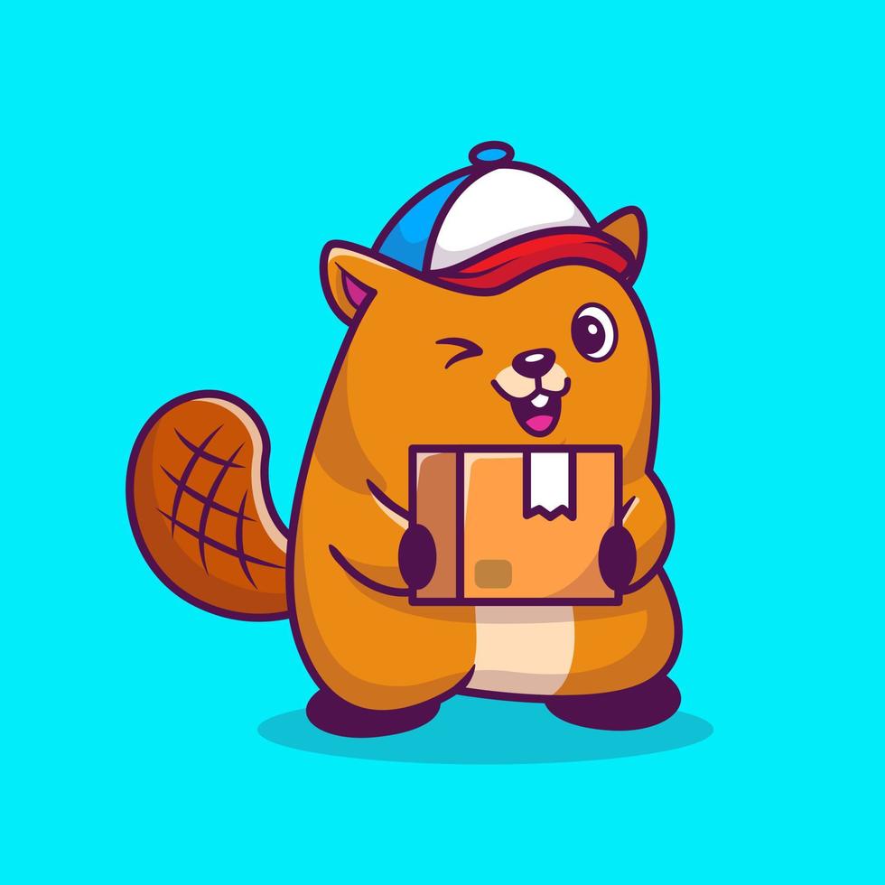 Cute Beaver Shipping Package Cartoon Vector Icon Illustration. Animal Business Icon Concept Isolated Premium Vector. Flat Cartoon Style