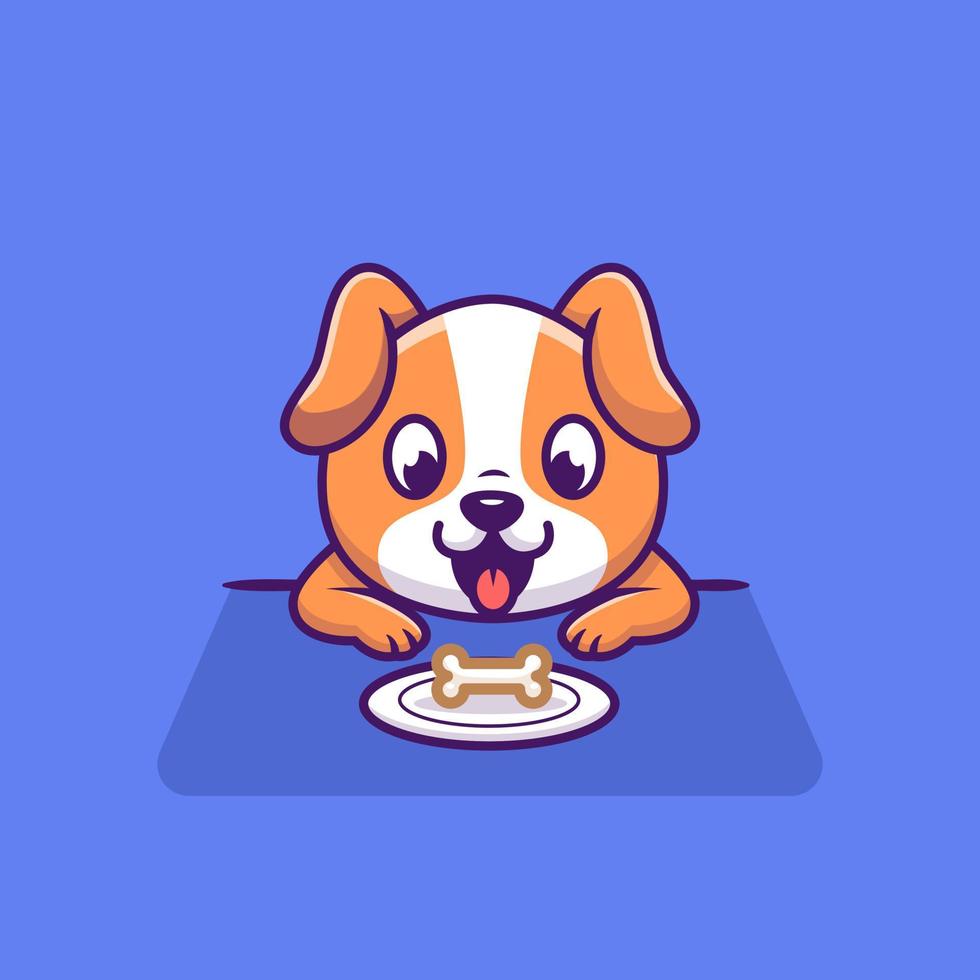 Cute Dog Looking Bone On Plate Cartoon Vector Icon Illustration. Animal Food Icon Concept Isolated Premium Vector. Flat Cartoon Style