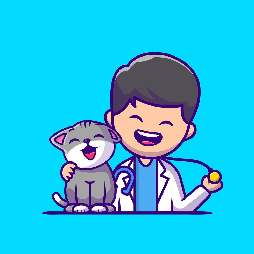 Veterinarian With Cat And Stethoscope Cartoon Vector Icon Illustration. People Profession Icon Concept Isolated Premium Vector. Flat Cartoon Style