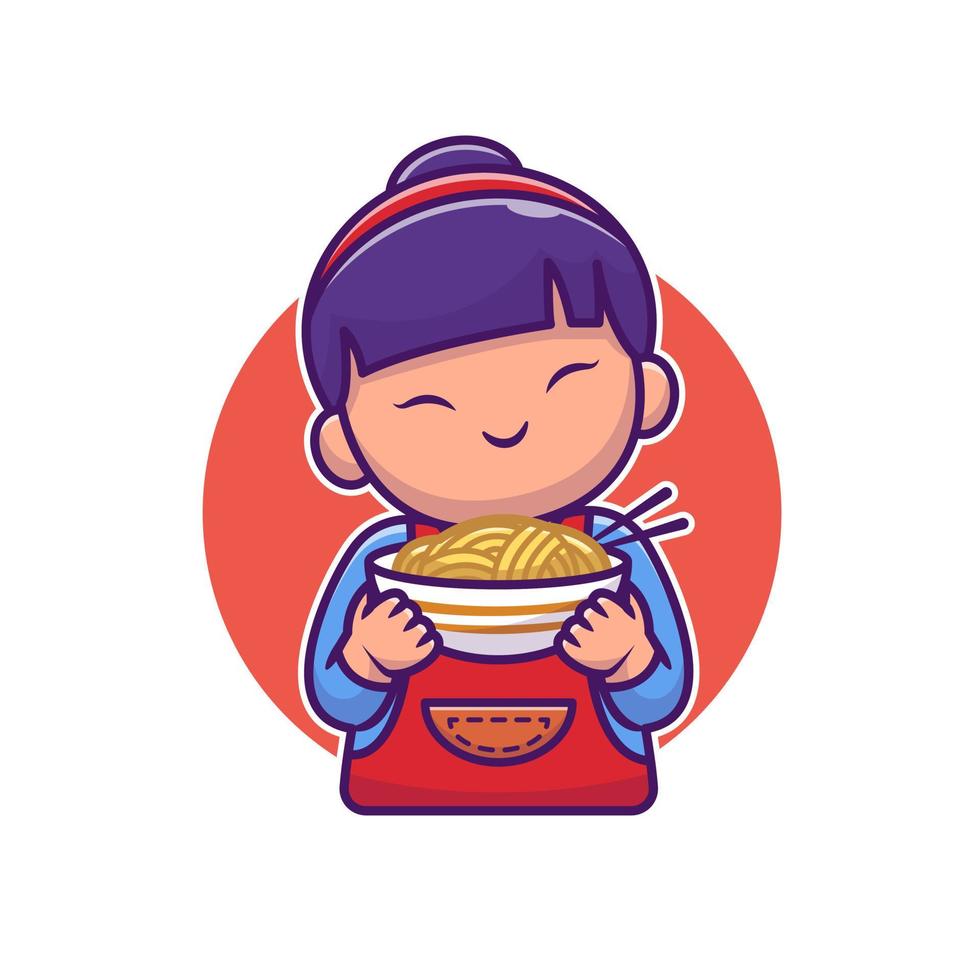 Linda chica asiática sosteniendo ilustración de icono de vector de dibujos animados de fideos. concepto de icono de comida de personas vector premium aislado. estilo de dibujos animados plana